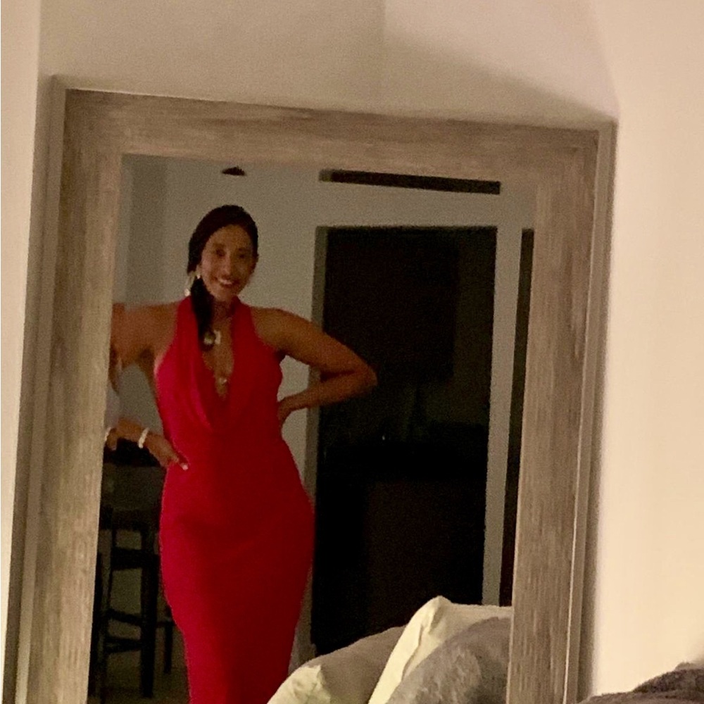 Halter Backless Sheer Red Dress with front small bra line diamond front charm.